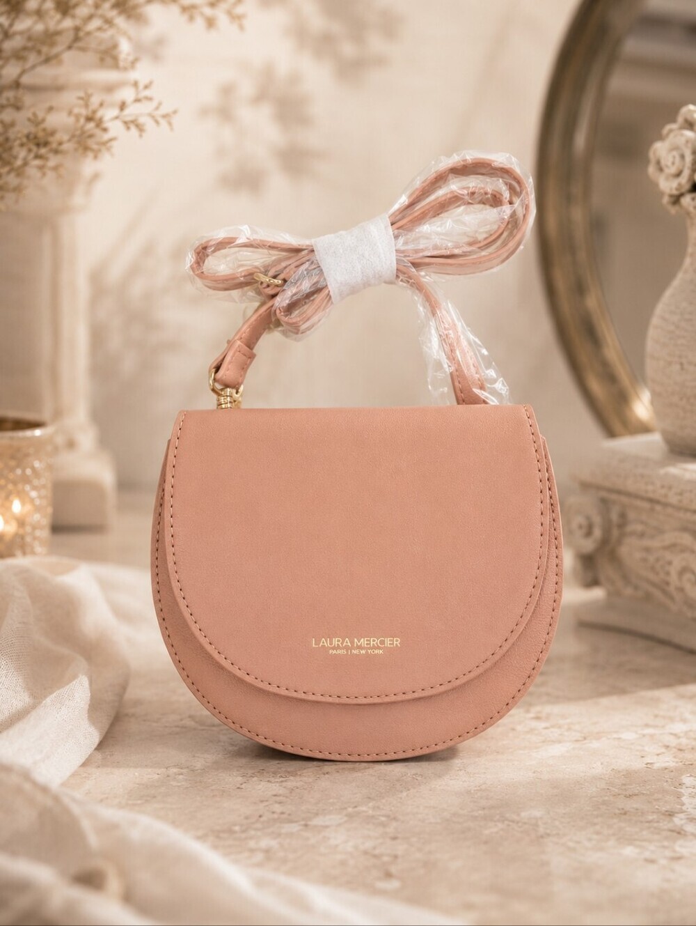Laura Mercier Blush Pink Mini Saddle Crossbody Bag Gold Logo NWOT